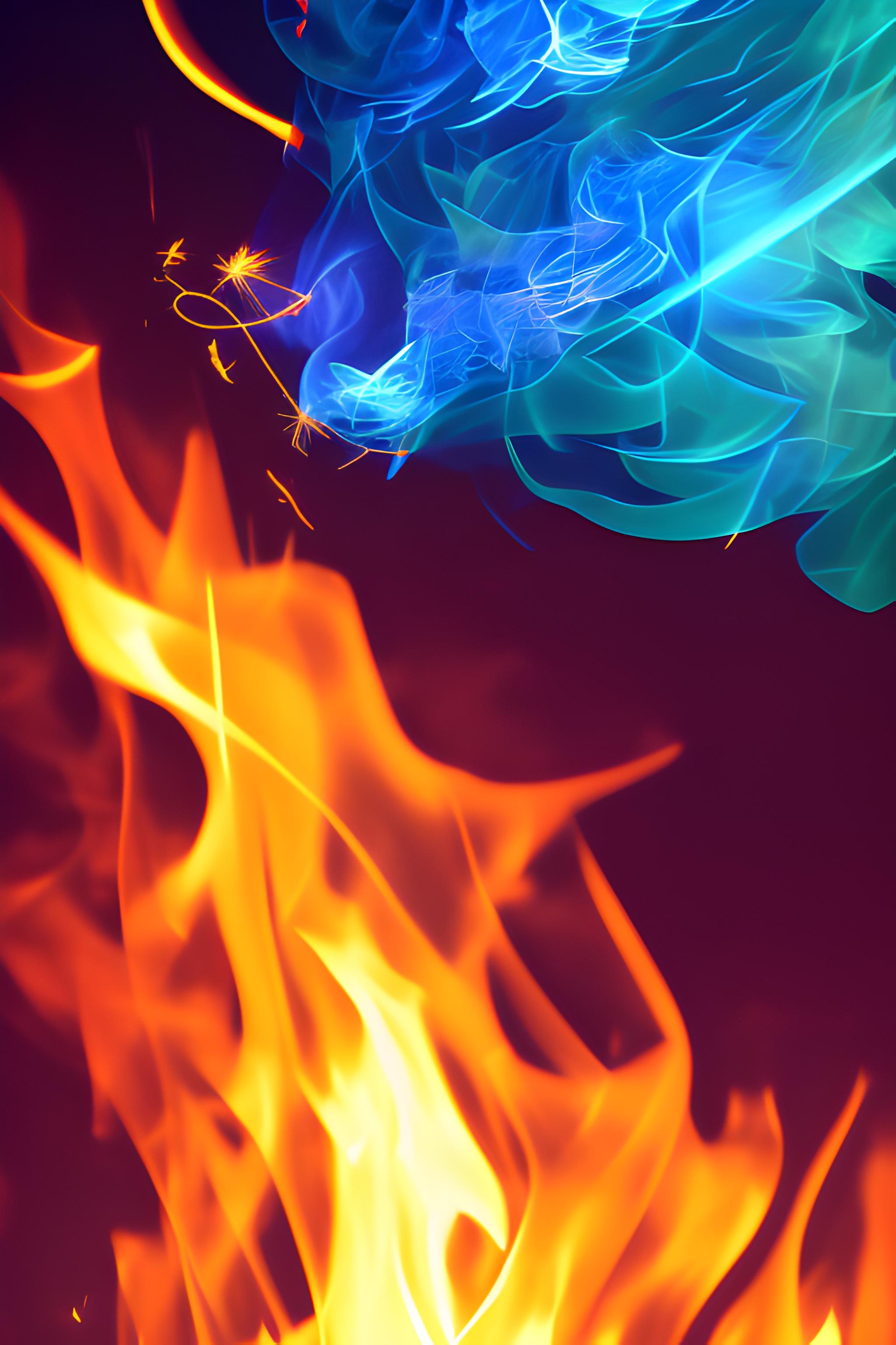 Vertical phone wallpaper, photorealistic, blue flame, blue fire, thick blue smoke, macro shot, detailed flames, sparks, depth of field, dark background, cinematic lighting, 8K